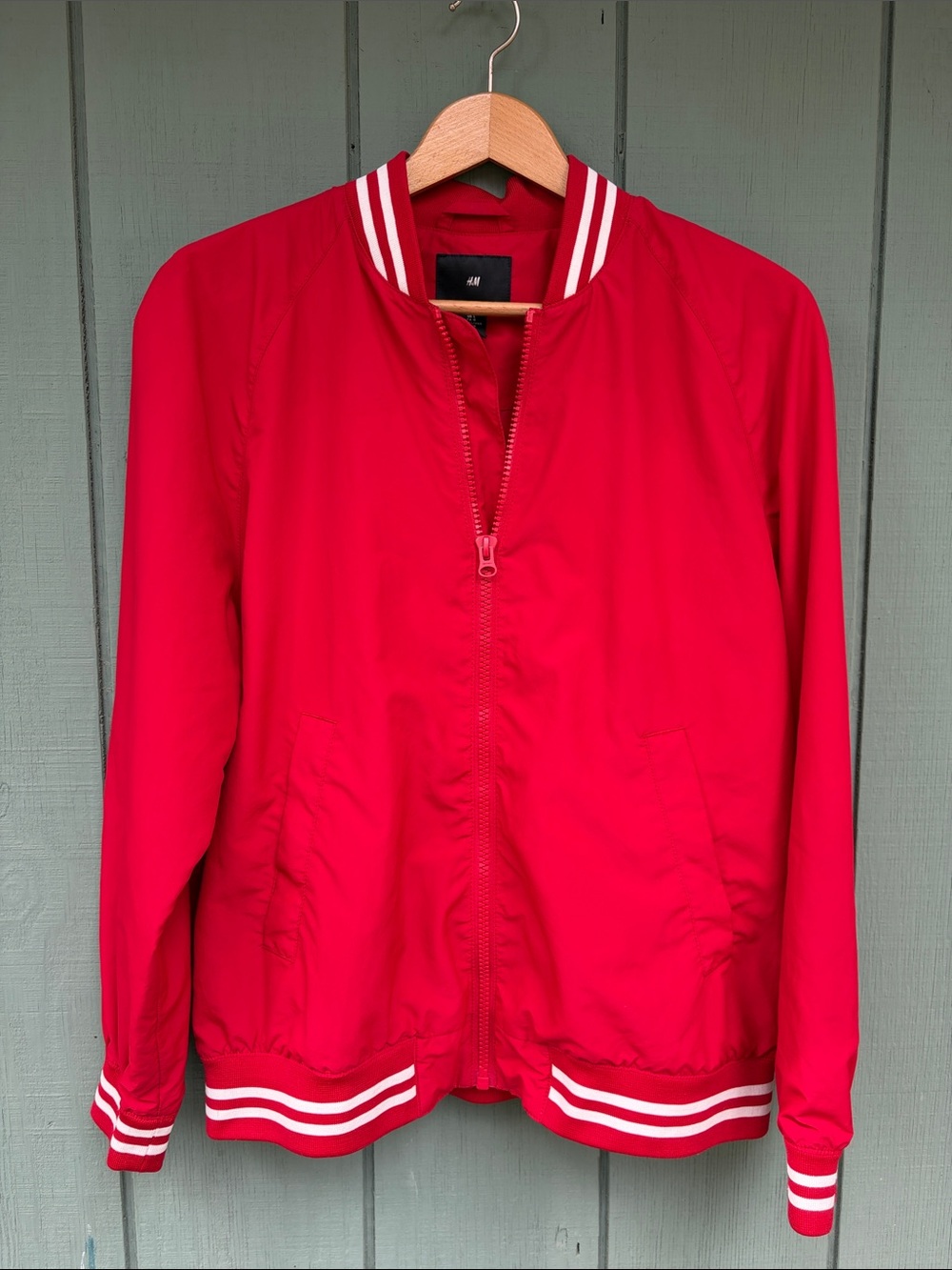 H&M Red Bomber Jacket with White Stripe Trim